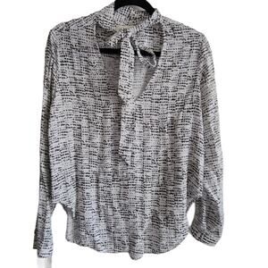 CLOTH & STONE Black White Graphic‎ Print Tie Neck Blouse Top Women's Medium